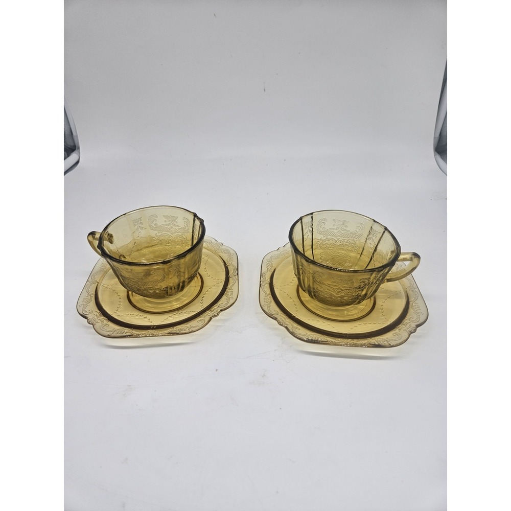 2 Sets Madrid‎ Pattern Depression Glass Amber Cup & Saucer 1930's Federal Glass